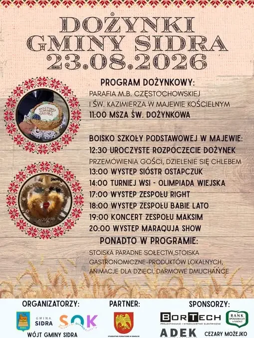 Dożynki Gminy Sidra 2026 – zaproszenie na niedzielne święto plonów