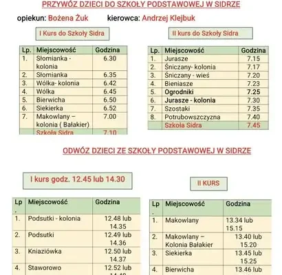 Rozkład jazdy autobusów szkolnych w gminie na rok szkolny 2026/2027