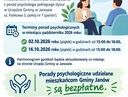 Bezpłatne porady psychologiczne dla mieszkańców gminy Janów – październik 2026