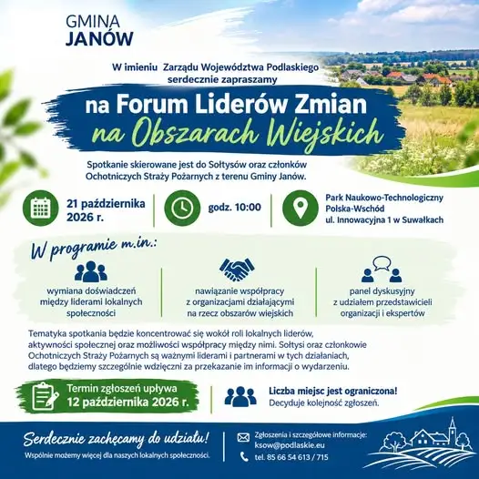Forum Liderów Zmian na Obszarach Wiejskich – zaproszenie dla sołtysów i strażaków z gminy Janów