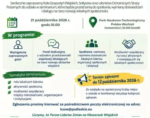 Forum Liderów Zmian na Obszarach Wiejskich – zaproszenie dla KGW, sołtysów i OSP z gminy Sidra