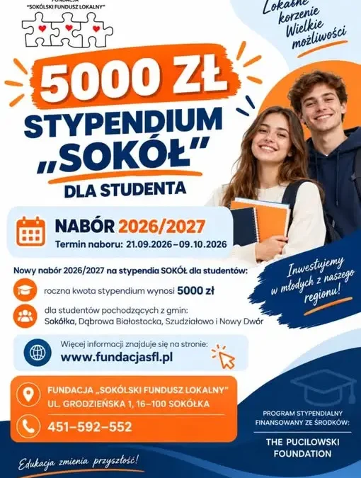 Stypendia „Sokół” 2026/2027 – nawet 5000 zł dla uczniów i studentów z gmin Sokółka, Szudziałowo, Dąbrowa Białostocka i Nowy Dwór