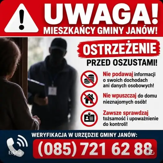 Ostrzeżenie przed oszustami podszywającymi się pod pracowników Urzędu Gminy Janów