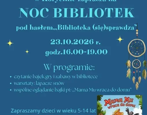 Noc Bibliotek w Korycinie – zaproszenie dla dzieci na 23 października