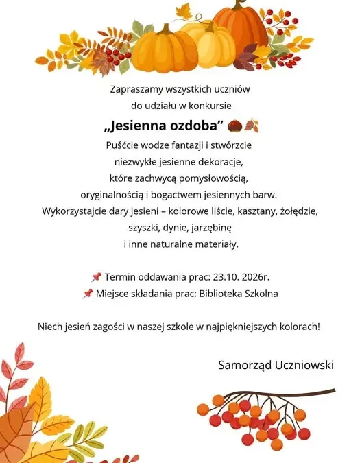 Konkurs „Jesienna ozdoba” w szkole – uczniowie zapraszają do udziału