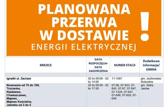 Przerwa w dostawie prądu w Gminie Janów – 2 listopada 2026